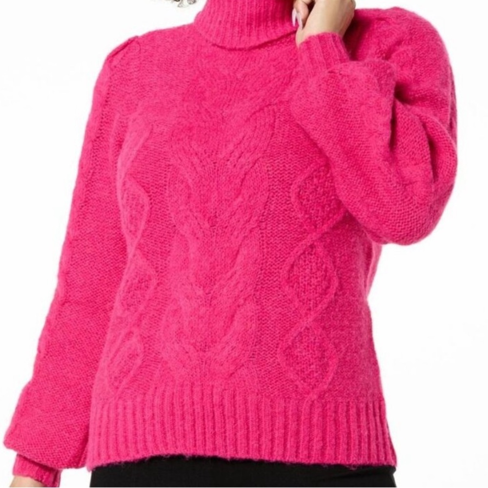 G by Giuliana Cable Knit Turtleneck Puff Sleeve Sweater Size Medium Magenta Pink